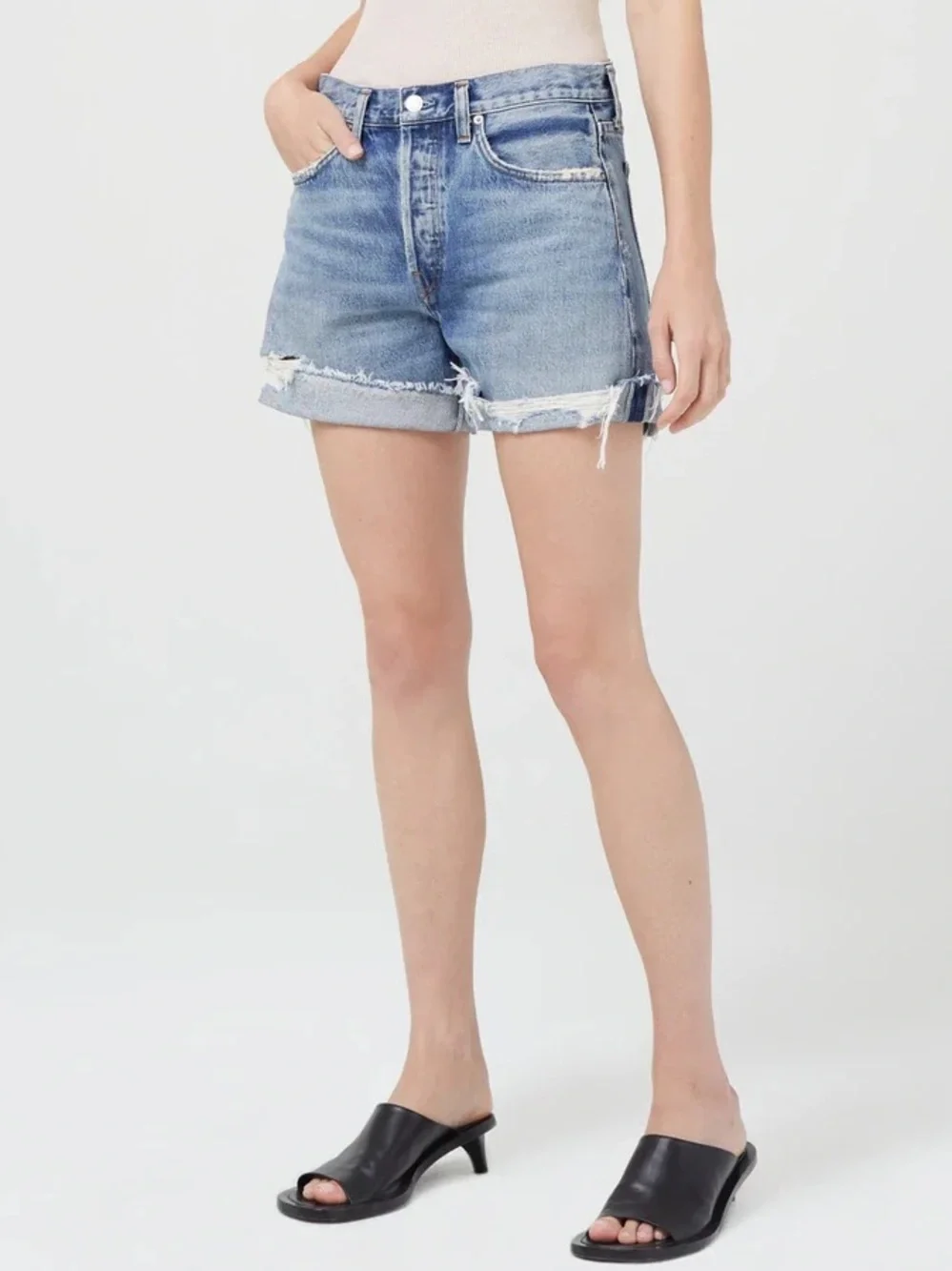 AGOLDE Parker Long Cuff in Heat Wave Fly Front Cotton Mid-Rise Raw Hem 30 Short